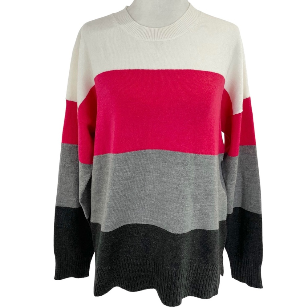 New French Connection Striped Soft Knit Crewneck Sweater Grey Red Size Medium
